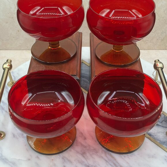 Vintage MCM Block Crystal Ruby And Amber Brandy Glasses With Cadmium Glow 1960's - Picture 3 of 17